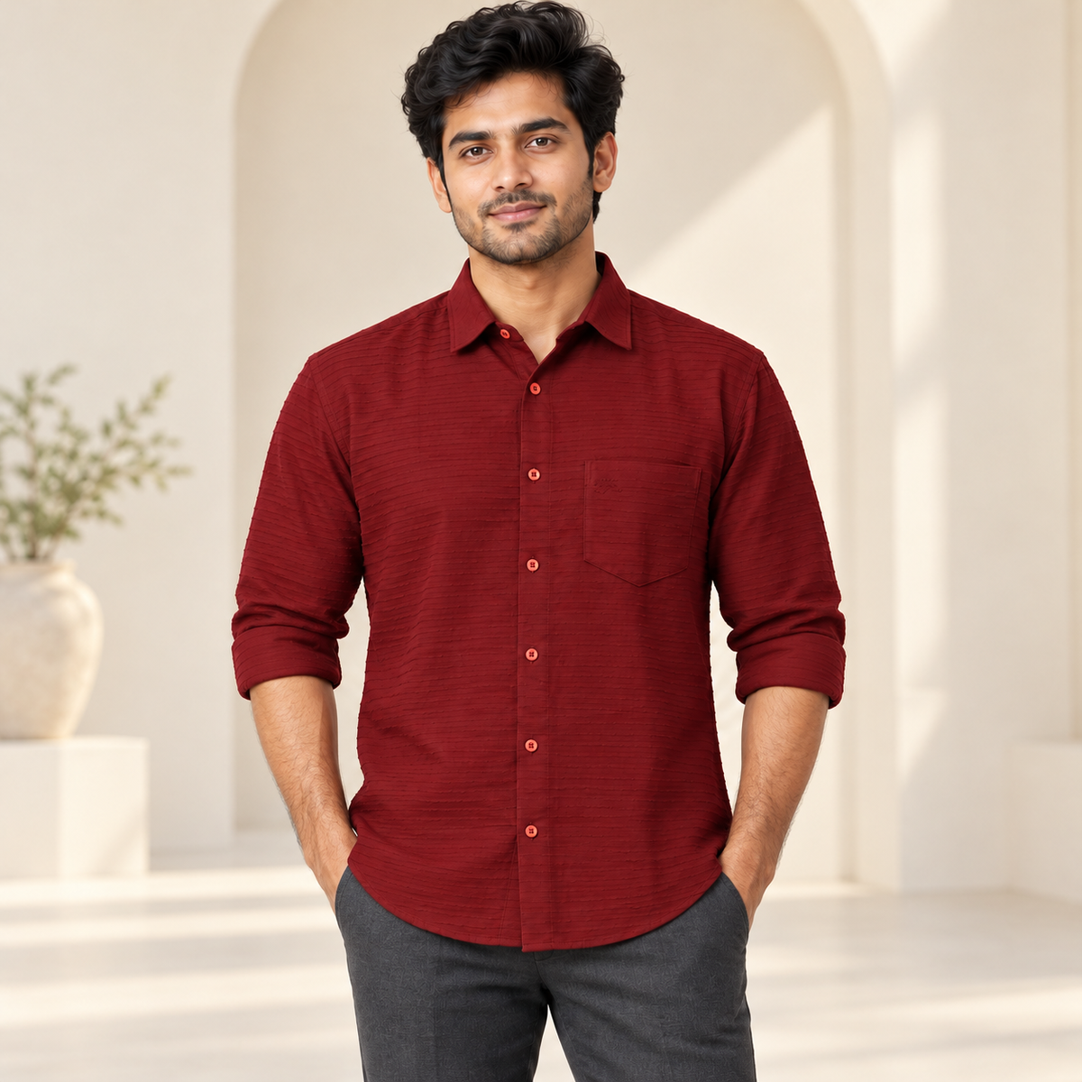 Textured Full Sleeve Pocket Shirt - Maroon - modern model, folded sleeves, without supplier labels or tags