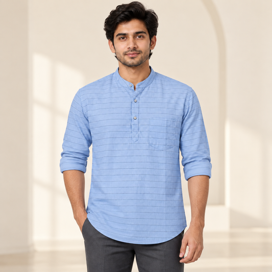 Dotted Stripe Half Placket Full Sleeve Shirt - Light Blue - modern model, folded sleeves, without supplier labels or tags