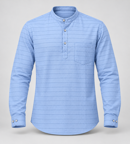 Dotted Stripe Half Placket Full Sleeve Shirt - Light Blue - 3D product front, without supplier labels or tags