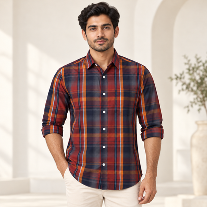 Vertical Check Full Sleeve Pocket Shirt - Maroon Navy - modern model, folded sleeves, without supplier labels or tags
