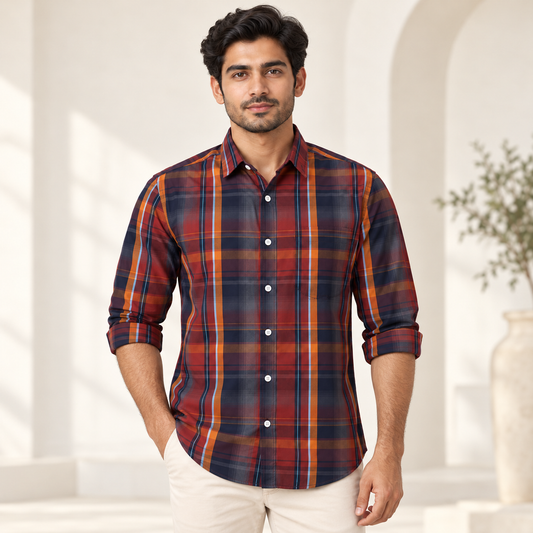 Vertical Check Full Sleeve Pocket Shirt - Maroon Navy - modern model, folded sleeves, without supplier labels or tags