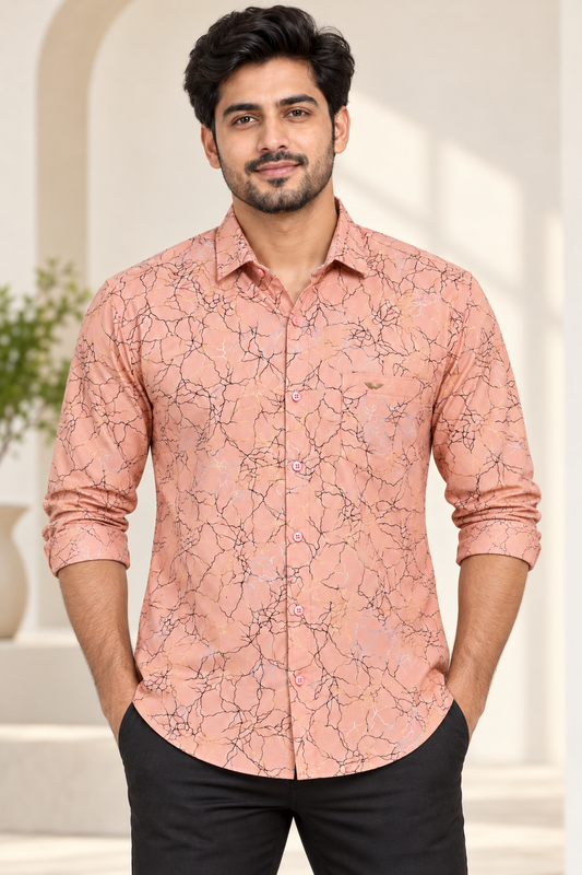 Crackle Print Full Sleeve Pocket Shirt - Peach Pink - modern model, folded sleeves, without supplier labels or tags