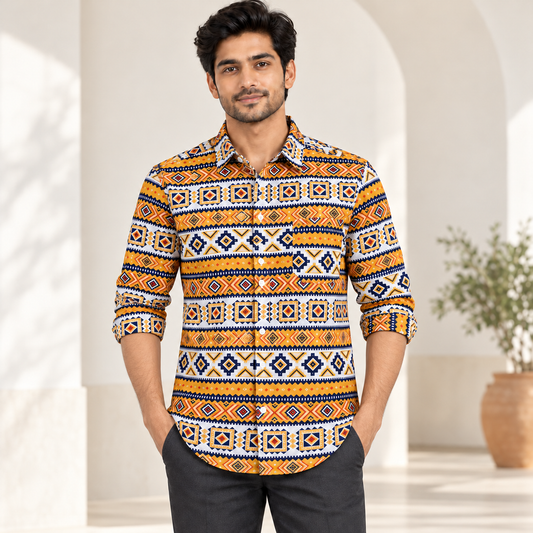 Geometric Stripe Full Sleeve Shirt - Mustard Navy Ivory - modern model, folded sleeves, without supplier labels or tags