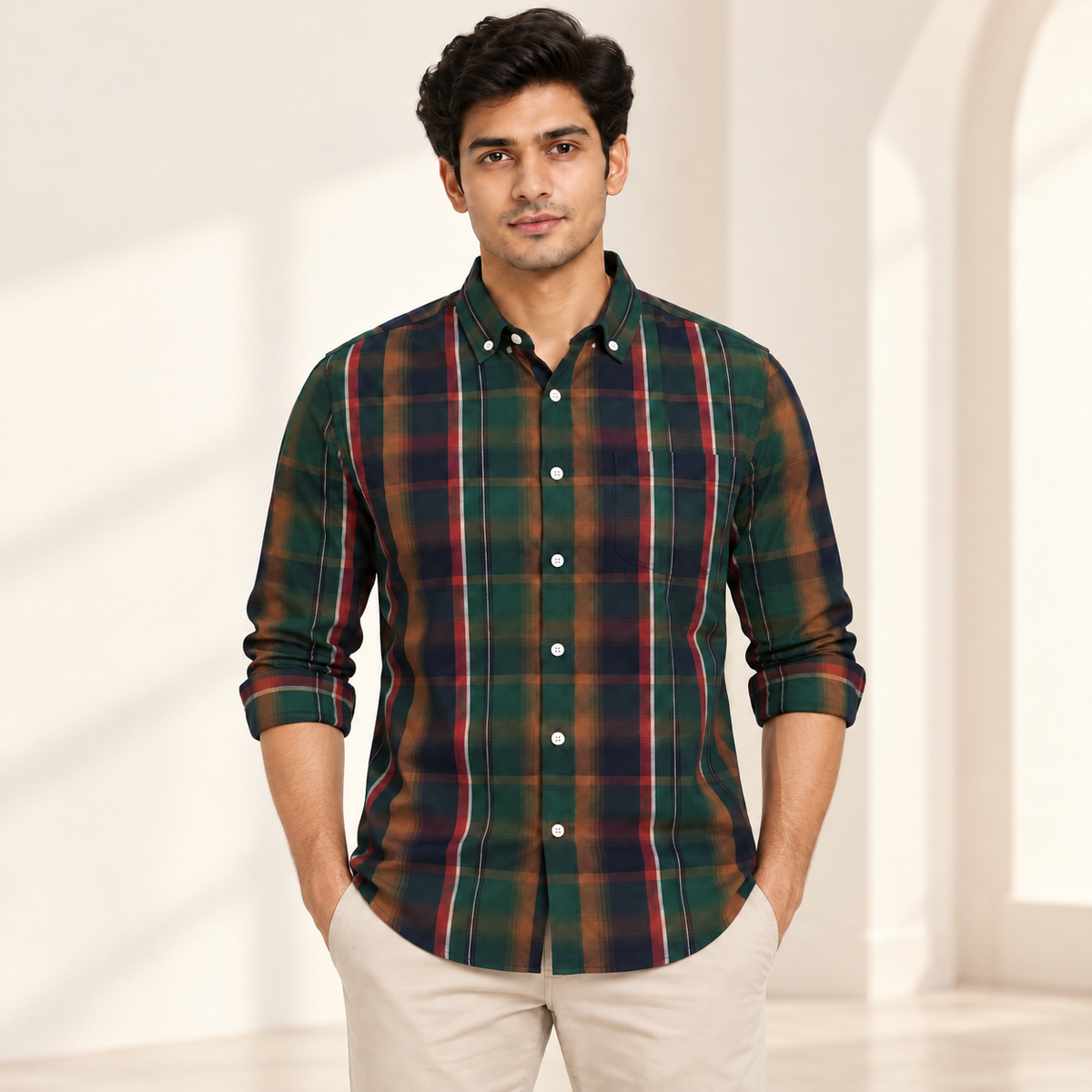 Vertical Check Full Sleeve Pocket Shirt - Green Multicolour - modern model, folded sleeves, without supplier labels or tags