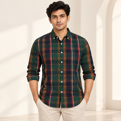 Vertical Check Full Sleeve Pocket Shirt - Green Multicolour - modern model, folded sleeves, without supplier labels or tags
