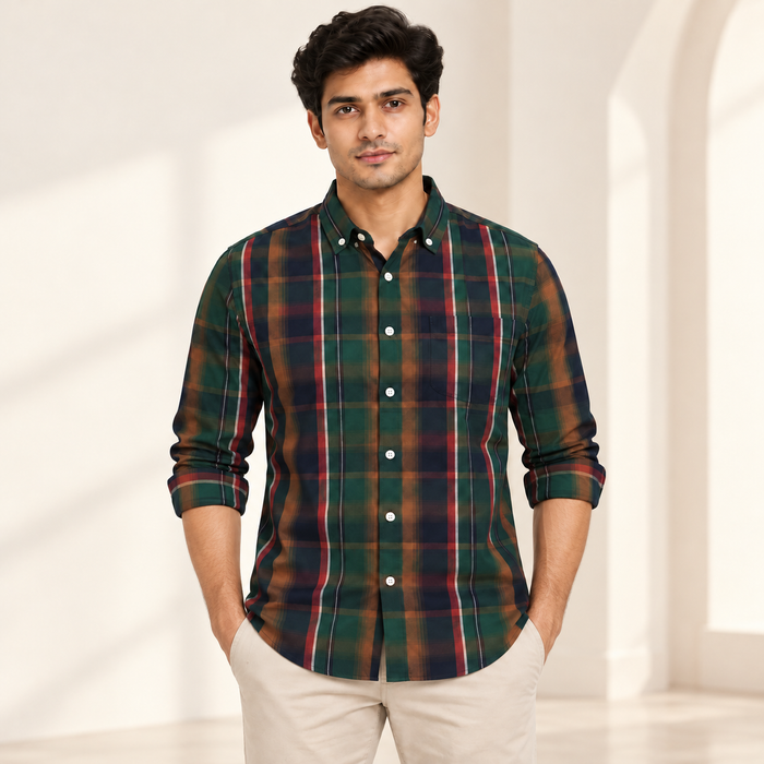 Vertical Check Full Sleeve Pocket Shirt - Green Multicolour