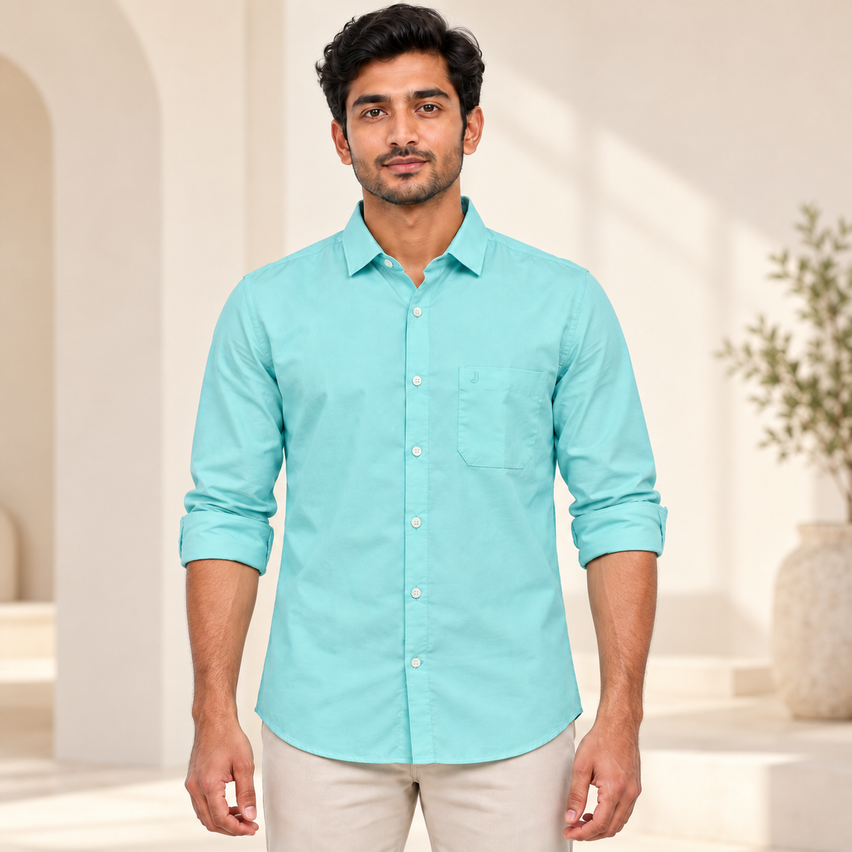 Plain Full Sleeve Pocket Shirt - Mint Blue - modern model, folded sleeves, without supplier labels or tags