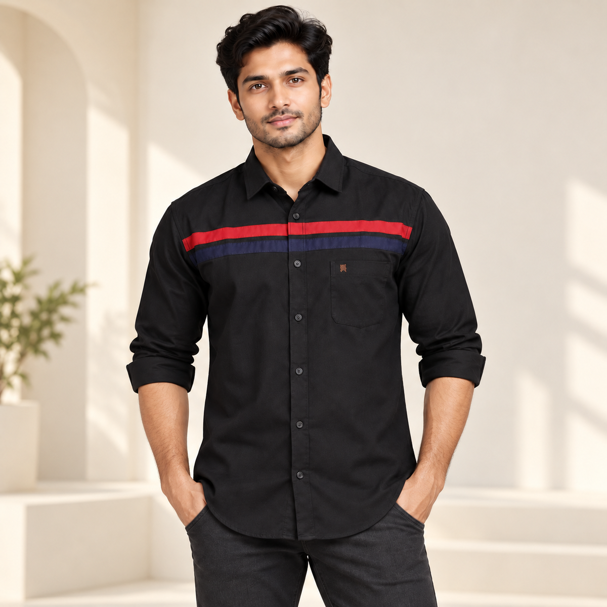 Chest Stripe Full Sleeve Pocket Shirt - Black Red - modern model, folded sleeves, without supplier labels or tags