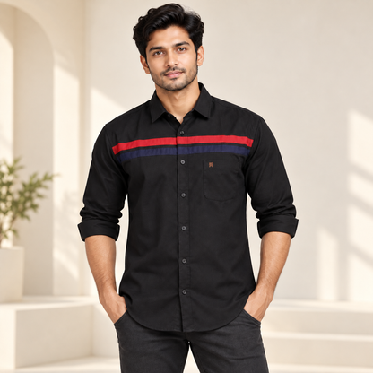 Chest Stripe Full Sleeve Pocket Shirt - Black Red - modern model, folded sleeves, without supplier labels or tags