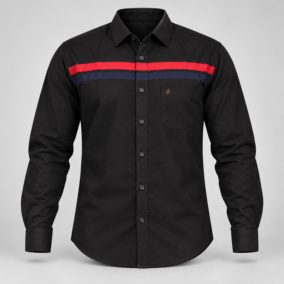 Chest Stripe Full Sleeve Pocket Shirt - Black Red - 3D product front, without supplier labels or tags