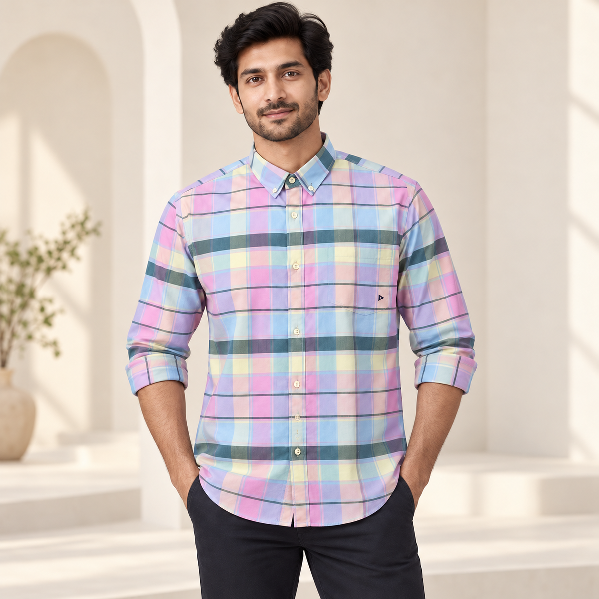 Pastel Check Full Sleeve Pocket Shirt - Multicolour - modern model, folded sleeves, without supplier labels or tags