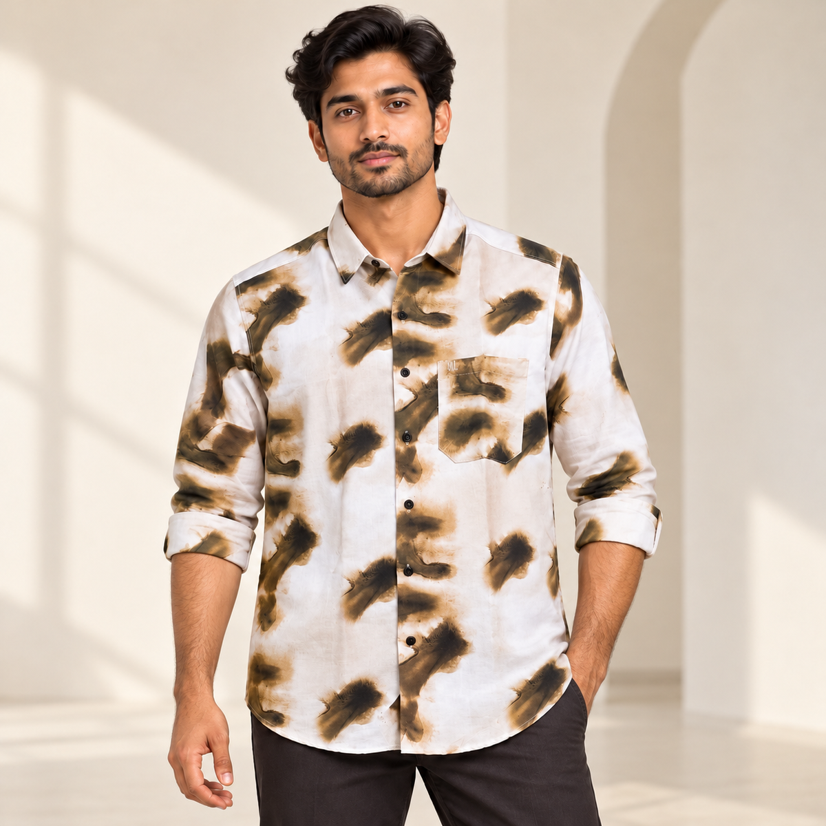 Brush Print Full Sleeve Pocket Shirt - White Olive Brown - modern model, folded sleeves, without supplier labels or tags