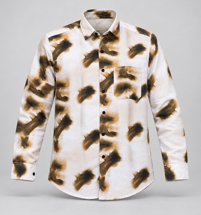 Brush Print Full Sleeve Pocket Shirt - White Olive Brown - 3D product front, without supplier labels or tags