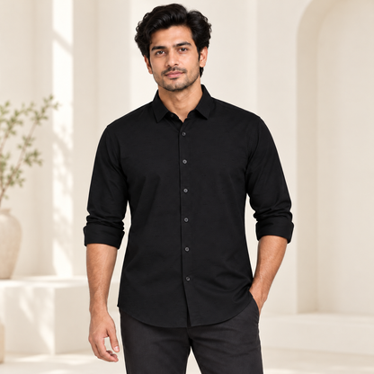 Tonal Textured Full Sleeve Shirt - Black - modern model, folded sleeves, without supplier labels or tags
