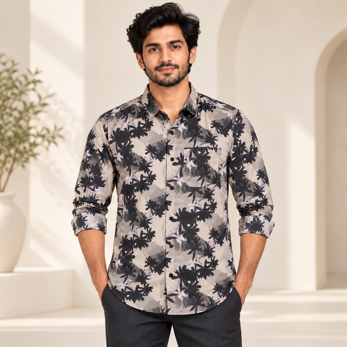 Dark Leaf Print Full Sleeve Pocket Shirt - Light Grey - modern model, folded sleeves, without supplier labels or tags