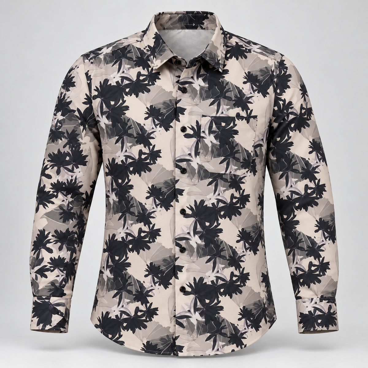 Dark Leaf Print Full Sleeve Pocket Shirt - Light Grey - 3D product front, without supplier labels or tags