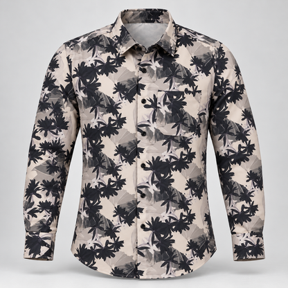 Dark Leaf Print Full Sleeve Pocket Shirt - Light Grey - 3D product front, without supplier labels or tags