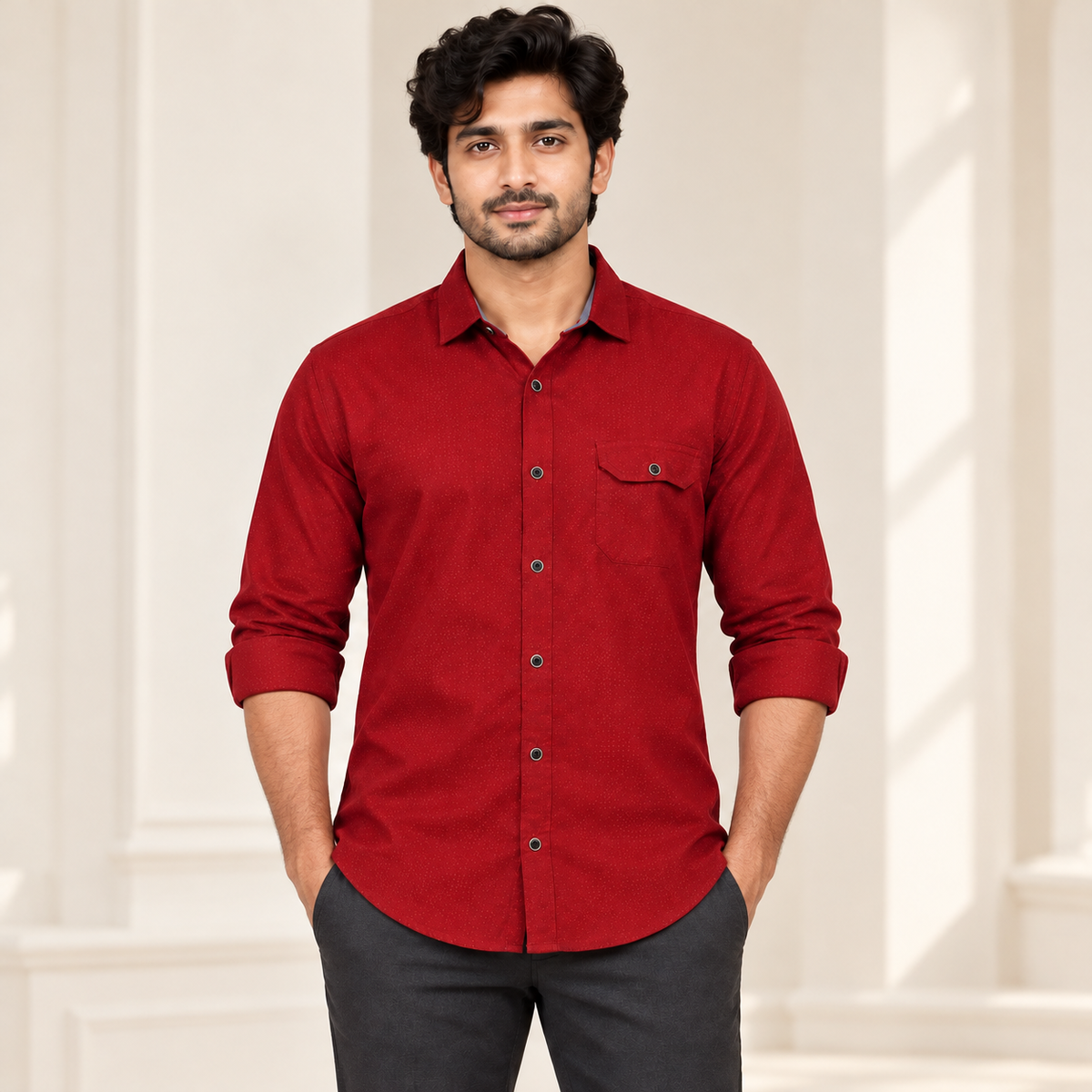Textured Full Sleeve Flap Pocket Shirt - Deep Red - modern model, folded sleeves, without supplier labels or tags