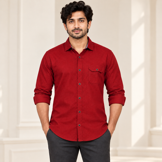 Textured Full Sleeve Flap Pocket Shirt - Deep Red - modern model, folded sleeves, without supplier labels or tags