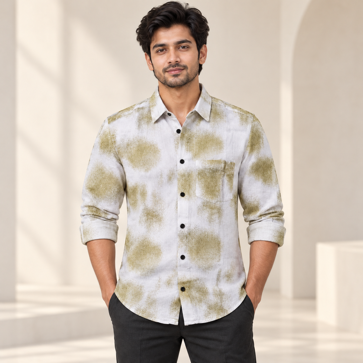 Olive Abstract Print Full Sleeve Pocket Shirt - White - modern model, folded sleeves, without supplier labels or tags
