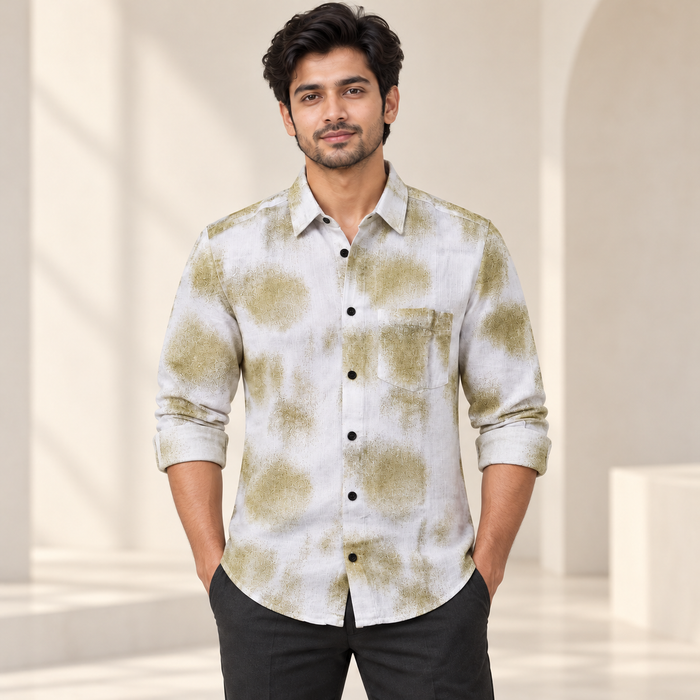 Olive Abstract Print Full Sleeve Pocket Shirt - White