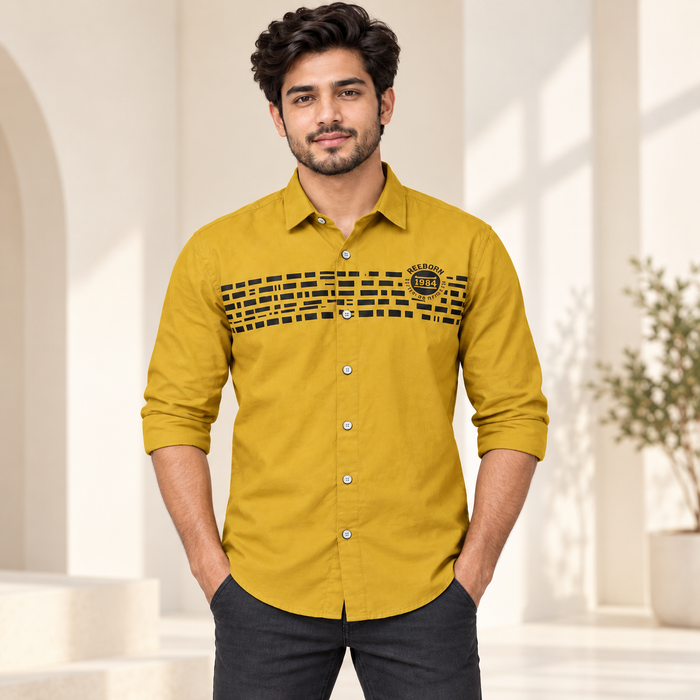Geometric Chest Print Full Sleeve Shirt - Mustard