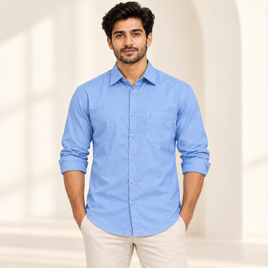 Plain Full Sleeve Pocket Shirt - Light Blue - modern model, folded sleeves, without supplier labels or tags