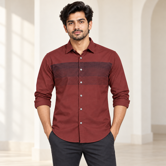 Chest Stripe Full Sleeve Shirt - Maroon - modern model, folded sleeves, without supplier labels or tags