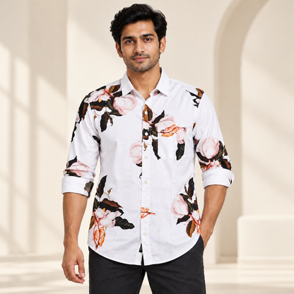 Rose Print Full Sleeve Pocket Shirt - White Pink Brown - modern model, folded sleeves, without supplier labels or tags