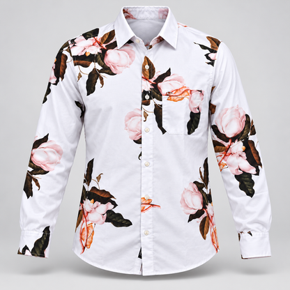 Rose Print Full Sleeve Pocket Shirt - White Pink Brown - 3D product front, without supplier labels or tags