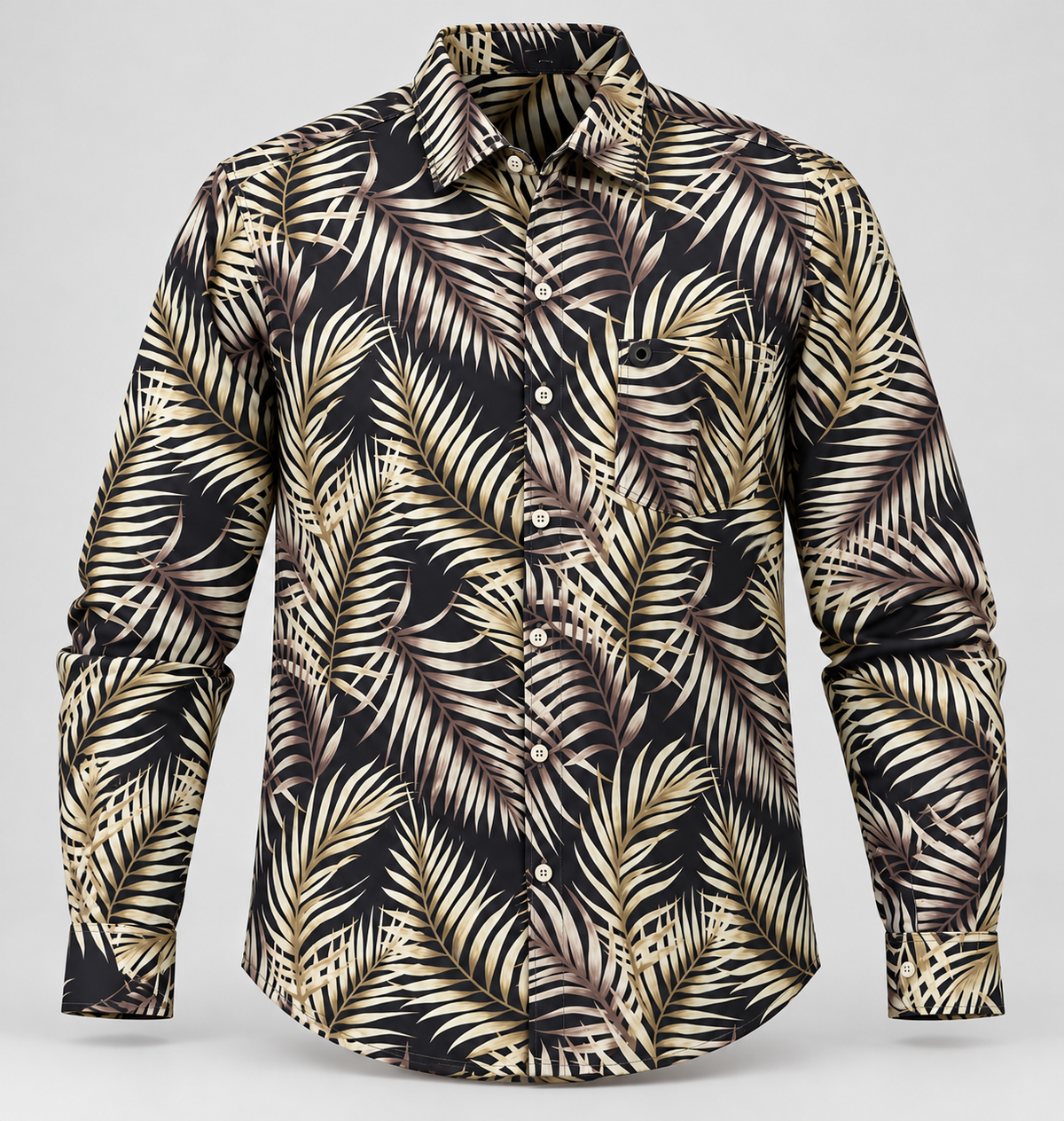 Palm Leaf Print Full Sleeve Shirt - Black Cream - 3D product front, without supplier labels or tags