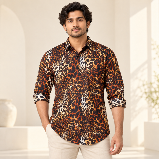 Leopard Print Full Sleeve Shirt - Orange Cream Black - modern model, folded sleeves, without supplier labels or tags