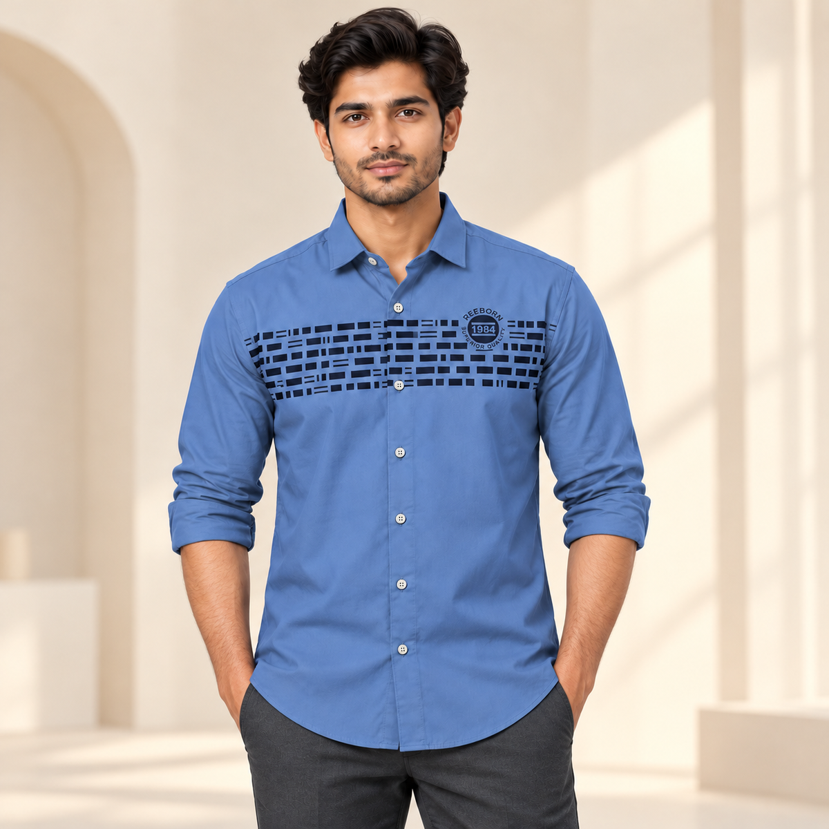 Geometric Chest Print Full Sleeve Shirt - Slate Blue - modern model, folded sleeves, without supplier labels or tags