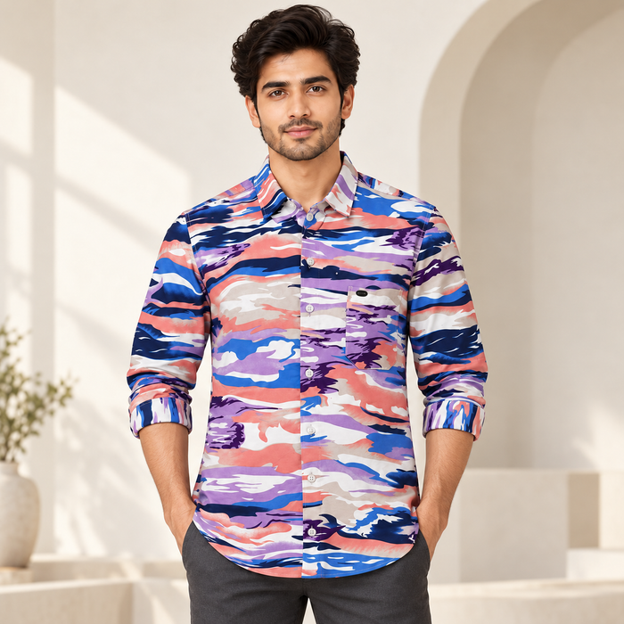 Brush Wave Print Full Sleeve Pocket Shirt - Multicolour