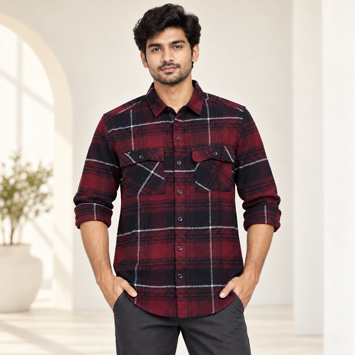 Check Double Flap Pocket Full Sleeve Shirt - Maroon Navy - modern model, folded sleeves, without supplier labels or tags