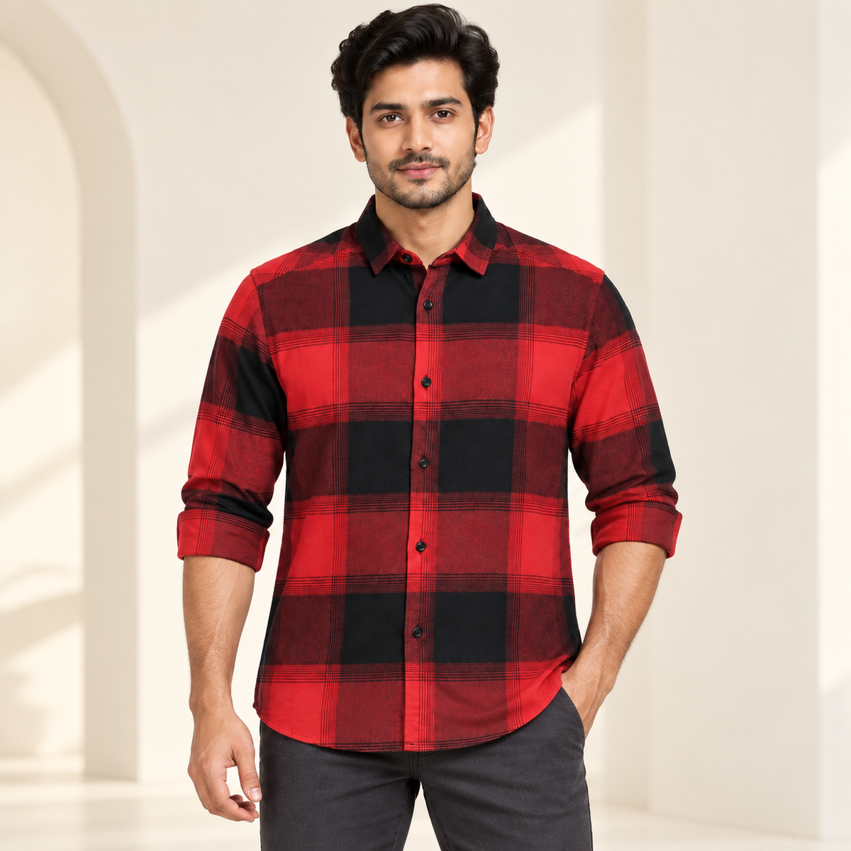 Large Check Full Sleeve Shirt - Red Black - modern model, folded sleeves, without supplier labels or tags