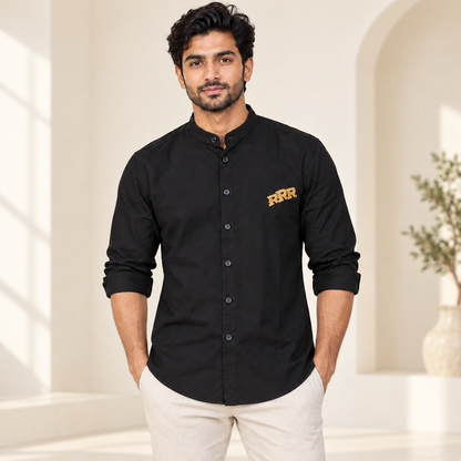 Mandarin Collar Full Sleeve Shirt - Black - modern model, folded sleeves, without supplier labels or tags