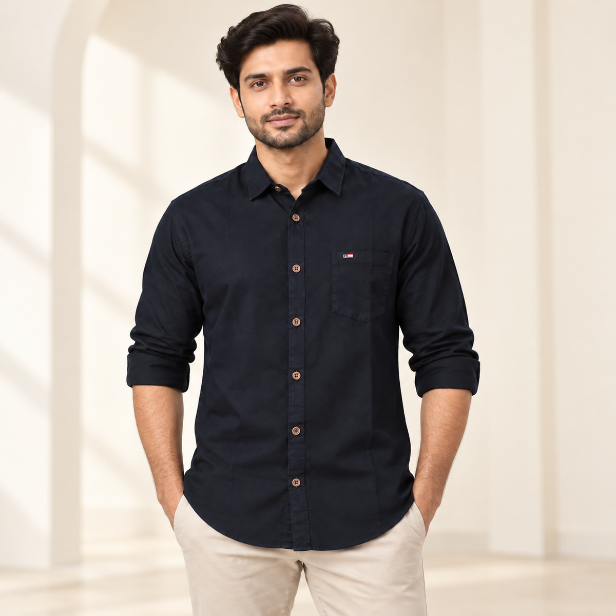 Plain Full Sleeve Pocket Shirt - Dark Navy - modern model, folded sleeves, without supplier labels or tags
