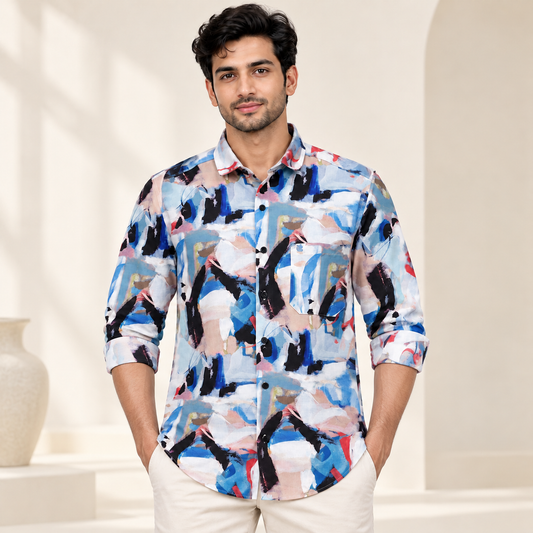 Abstract Print Full Sleeve Pocket Shirt - Blue Multicolour - modern model, folded sleeves, without supplier labels or tags