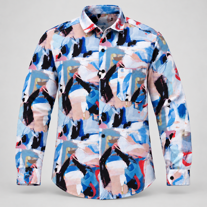 Abstract Print Full Sleeve Pocket Shirt - Blue Multicolour - 3D product front, without supplier labels or tags