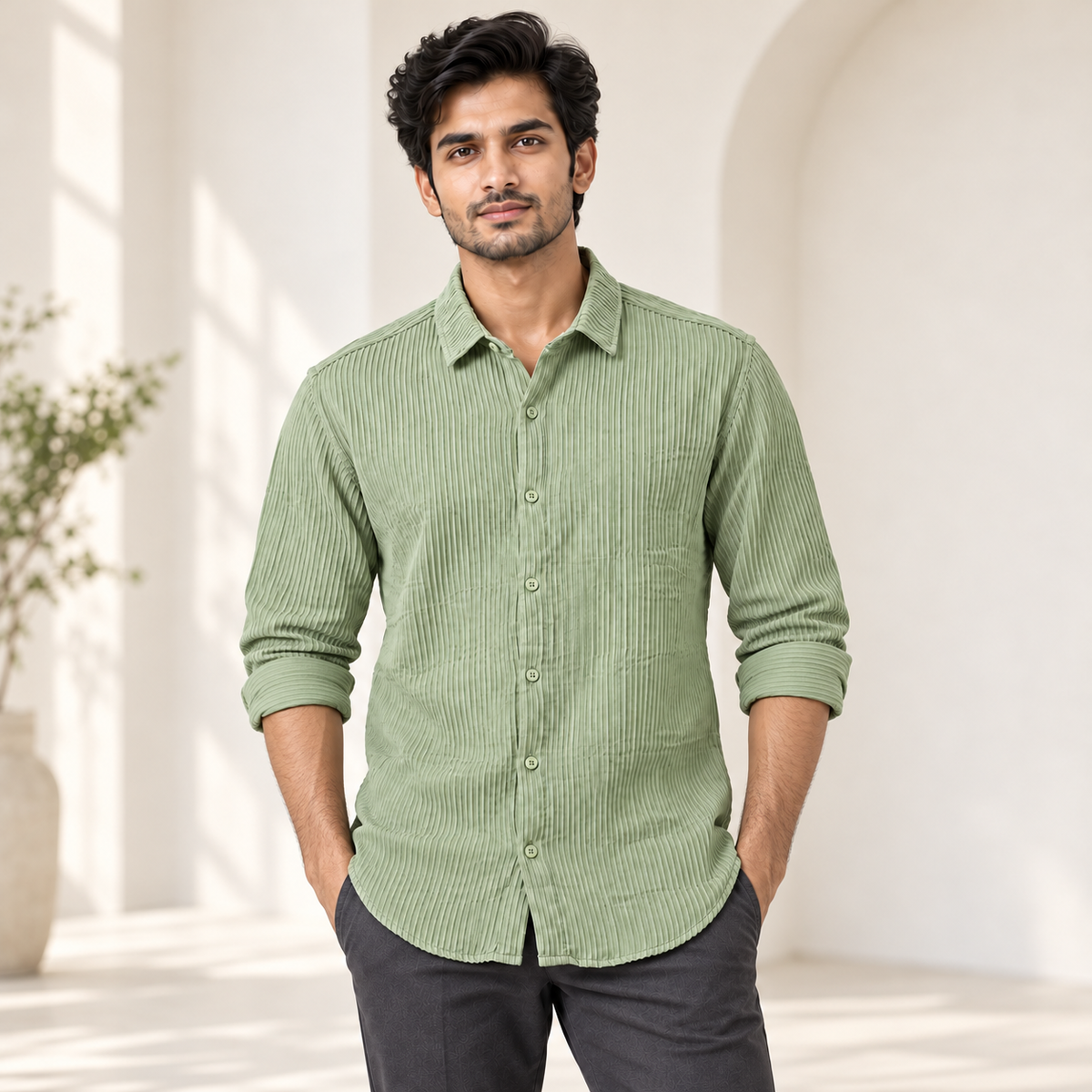 Fine Stripe Full Sleeve Shirt - Light Green - modern model, folded sleeves, without supplier labels or tags