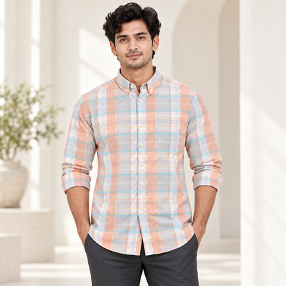 Pastel Check Button Down Full Sleeve Pocket Shirt - Peach Blue Grey - modern model, folded sleeves, without supplier labels or tags