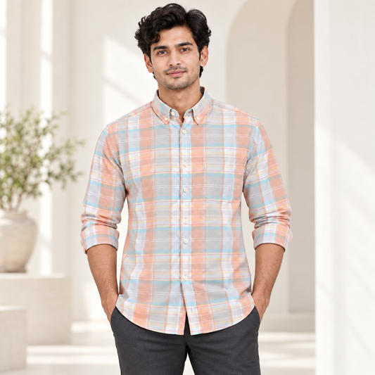Pastel Check Button Down Full Sleeve Pocket Shirt - Peach Blue Grey - modern model, folded sleeves, without supplier labels or tags