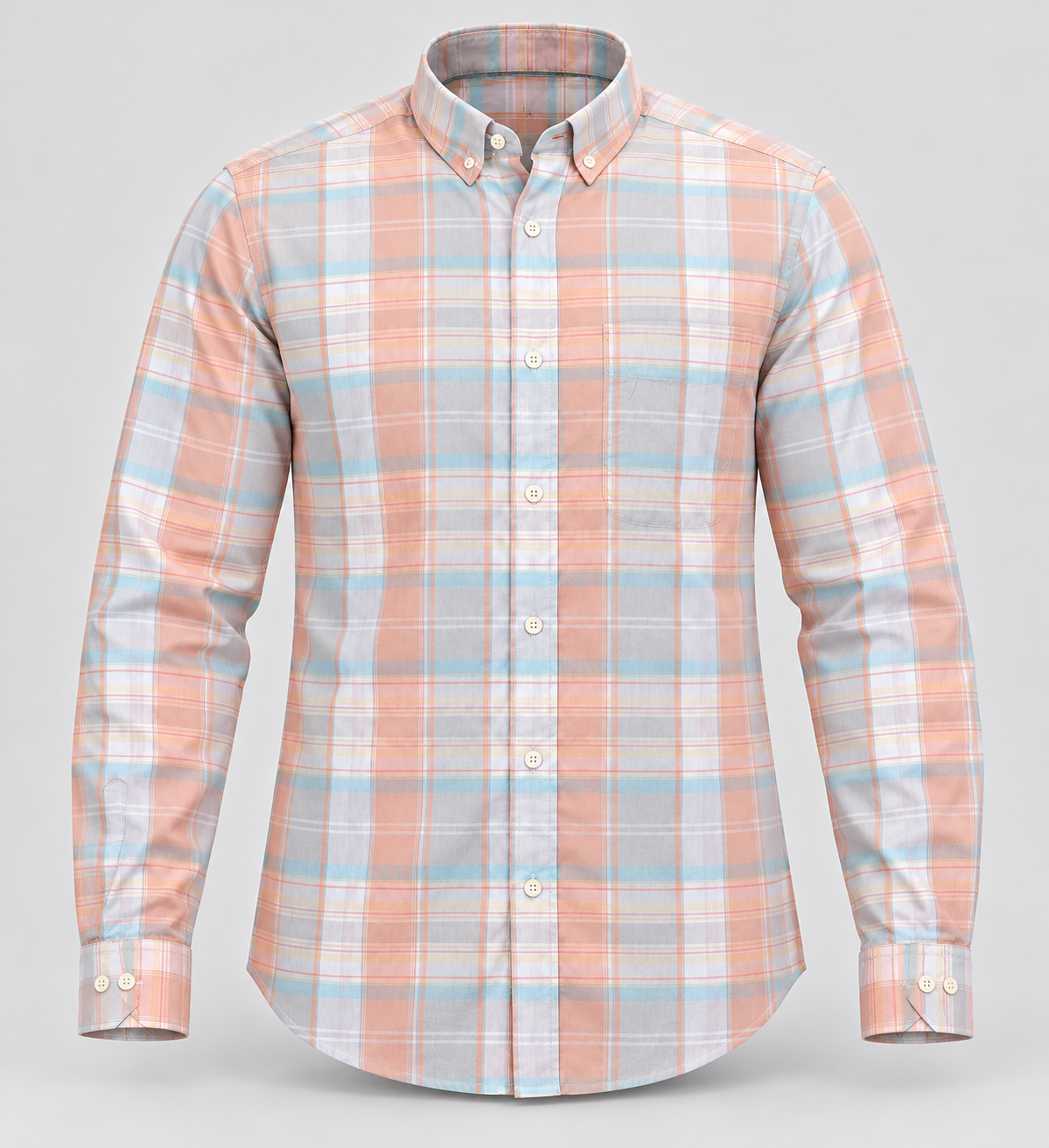 Pastel Check Button Down Full Sleeve Pocket Shirt - Peach Blue Grey - 3D product front, without supplier labels or tags