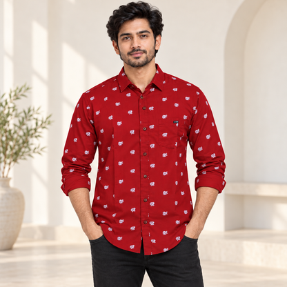 Small Motif Print Full Sleeve Pocket Shirt - Red - modern model, folded sleeves, without supplier labels or tags
