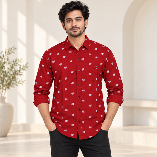 Small Motif Print Full Sleeve Pocket Shirt - Red - modern model, folded sleeves, without supplier labels or tags
