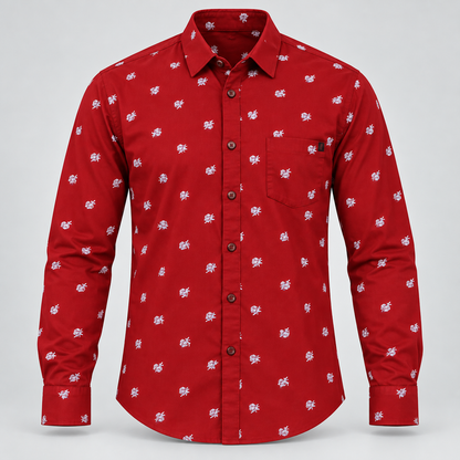 Small Motif Print Full Sleeve Pocket Shirt - Red - 3D product front, without supplier labels or tags