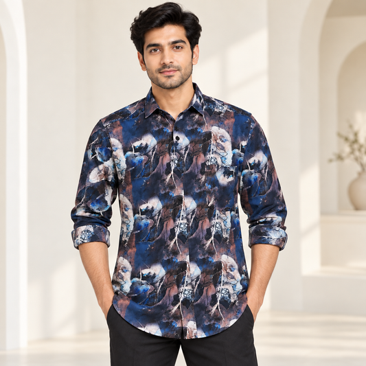 Abstract Botanical Print Full Sleeve Pocket Shirt - Deep Blue Multicolour - modern model, folded sleeves, without supplier labels or tags
