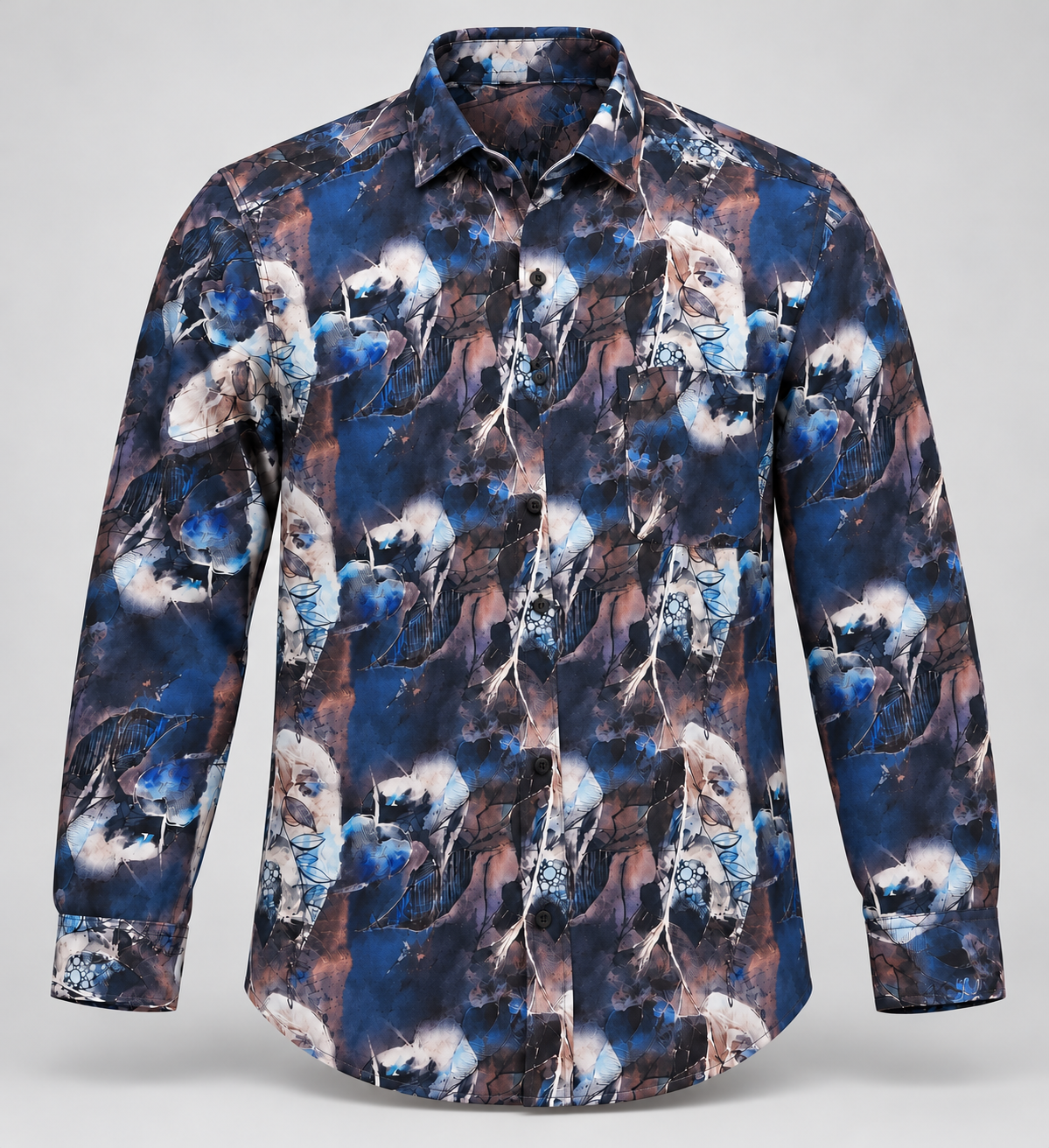 Abstract Botanical Print Full Sleeve Pocket Shirt - Deep Blue Multicolour - 3D product front, without supplier labels or tags