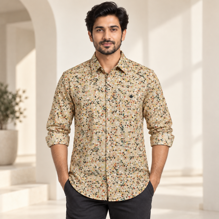 Micro Triangle Print Full Sleeve Pocket Shirt - Cream Multicolour